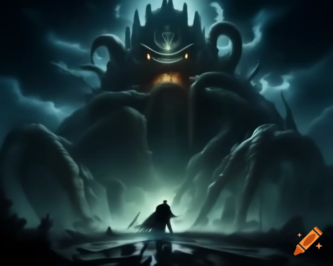 Otherworldly creature destroying castle on the moon