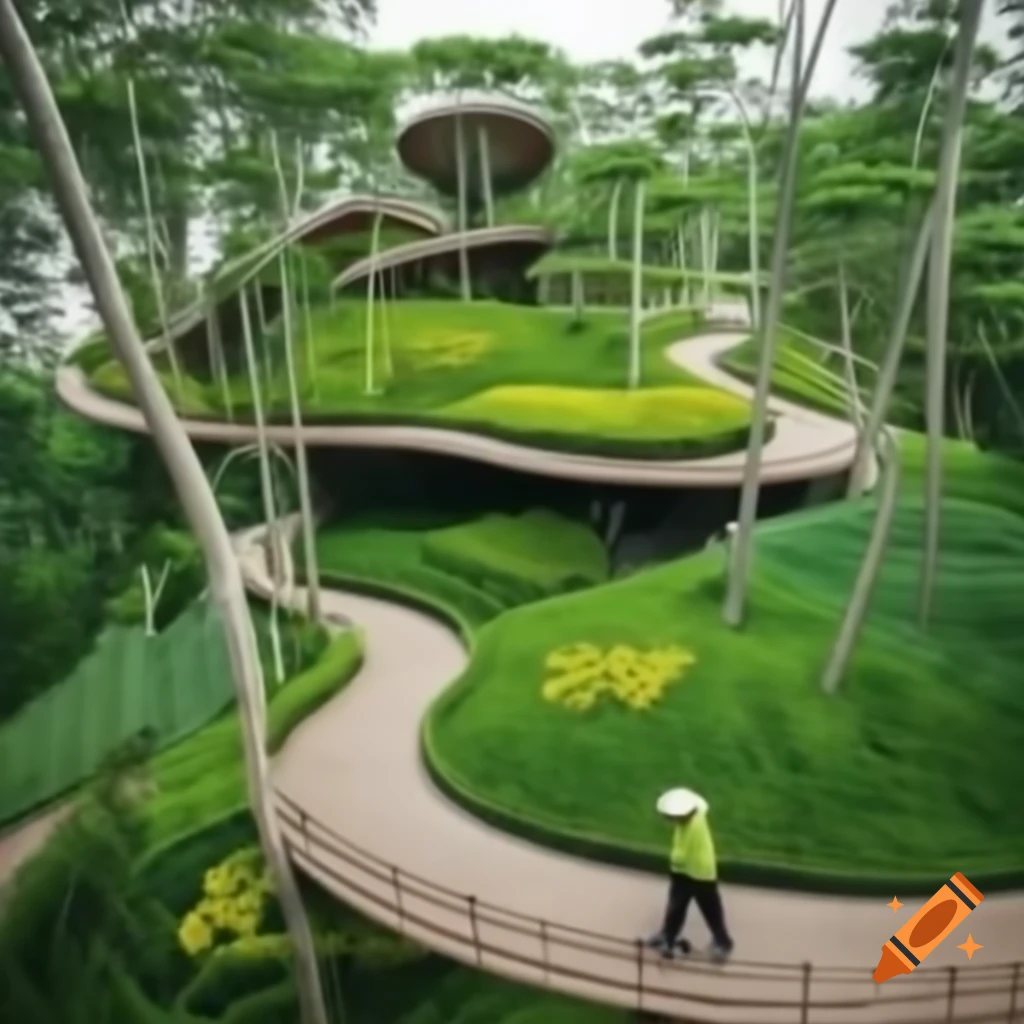 Futuristic eco-friendly city park with clear lake and flower gardens in the morning
