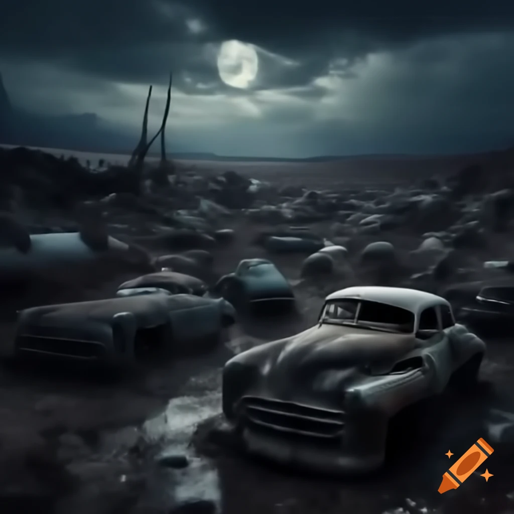 Ghosts in a haunted car junkyard at night with an eerie atmosphere