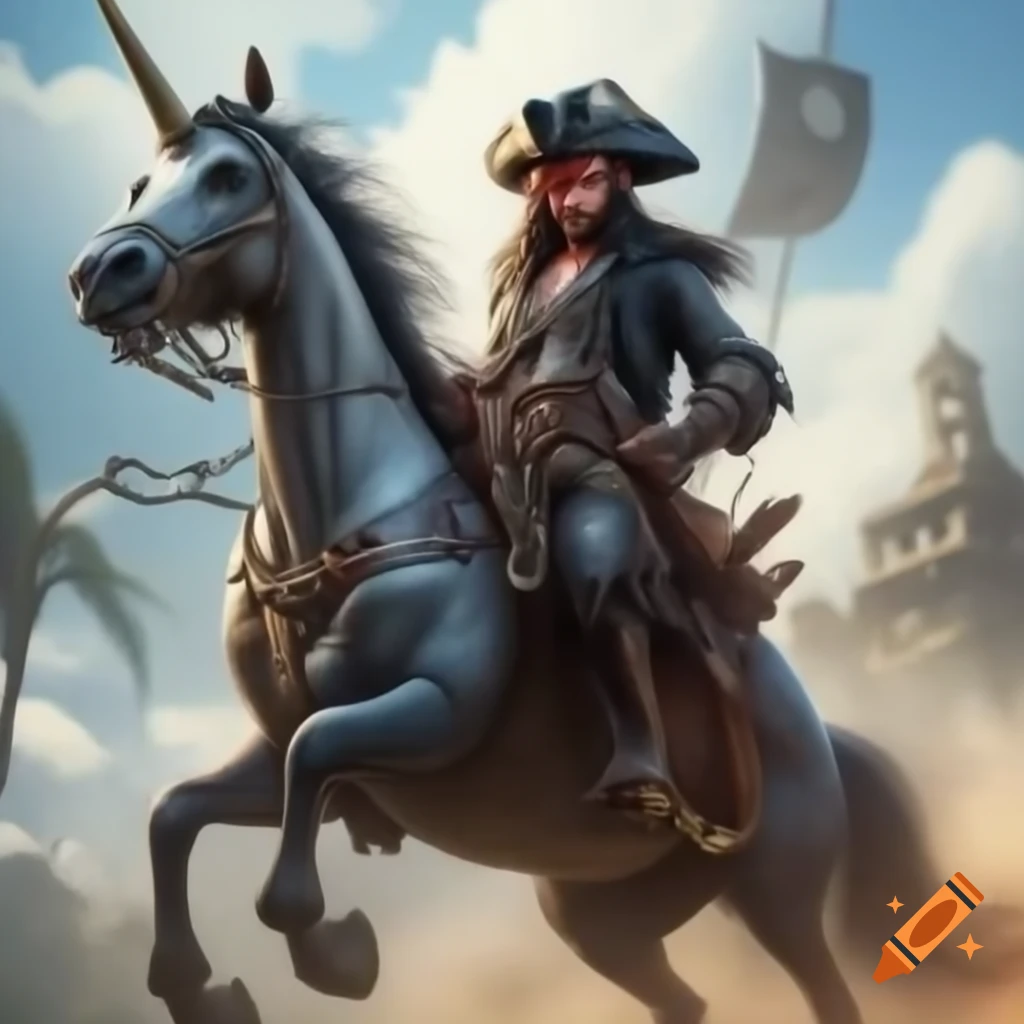 Pirate riding a unicorn in a whimsical setting
