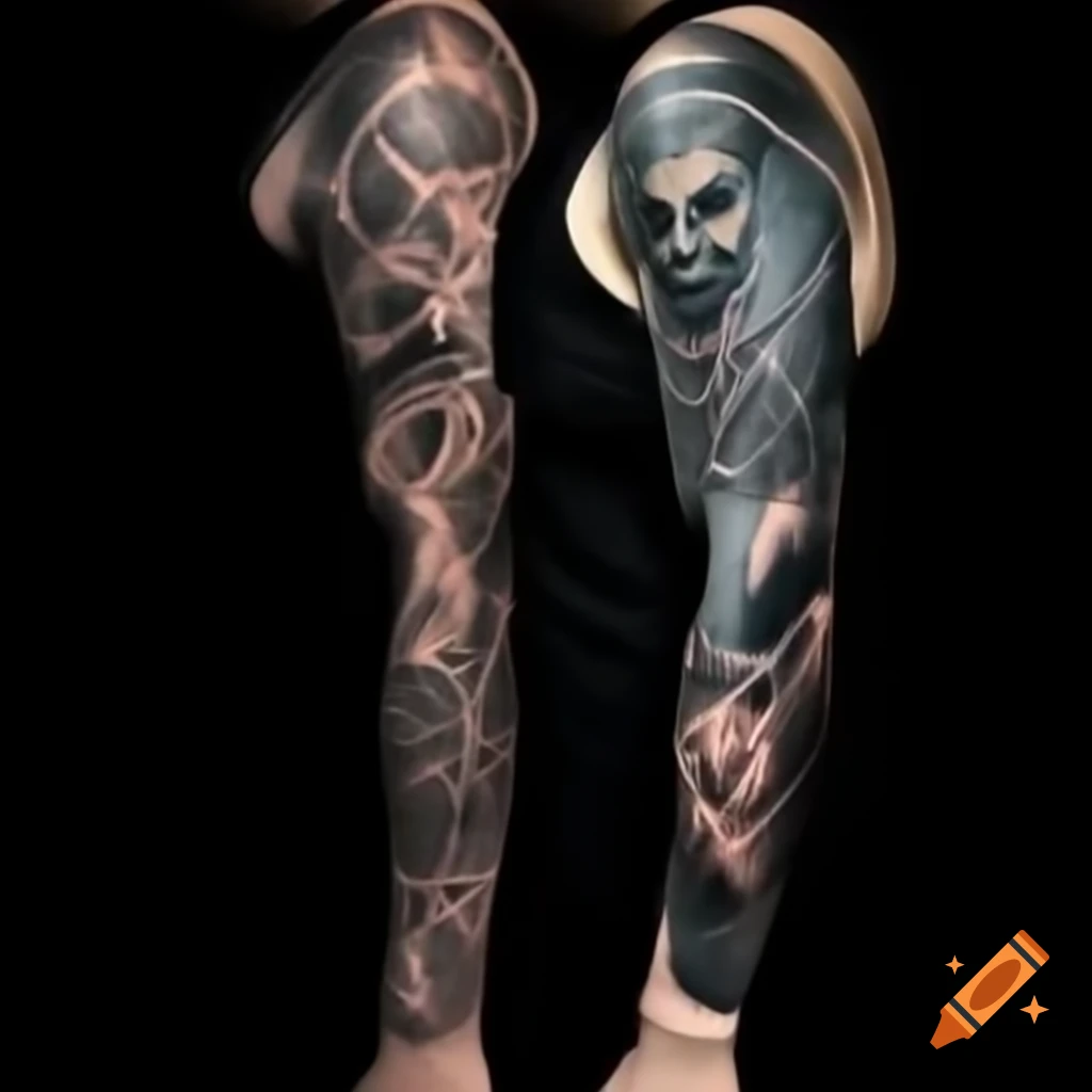 Detailed full sleeve tattoo design featuring Voodoo doll and dark mystical figure