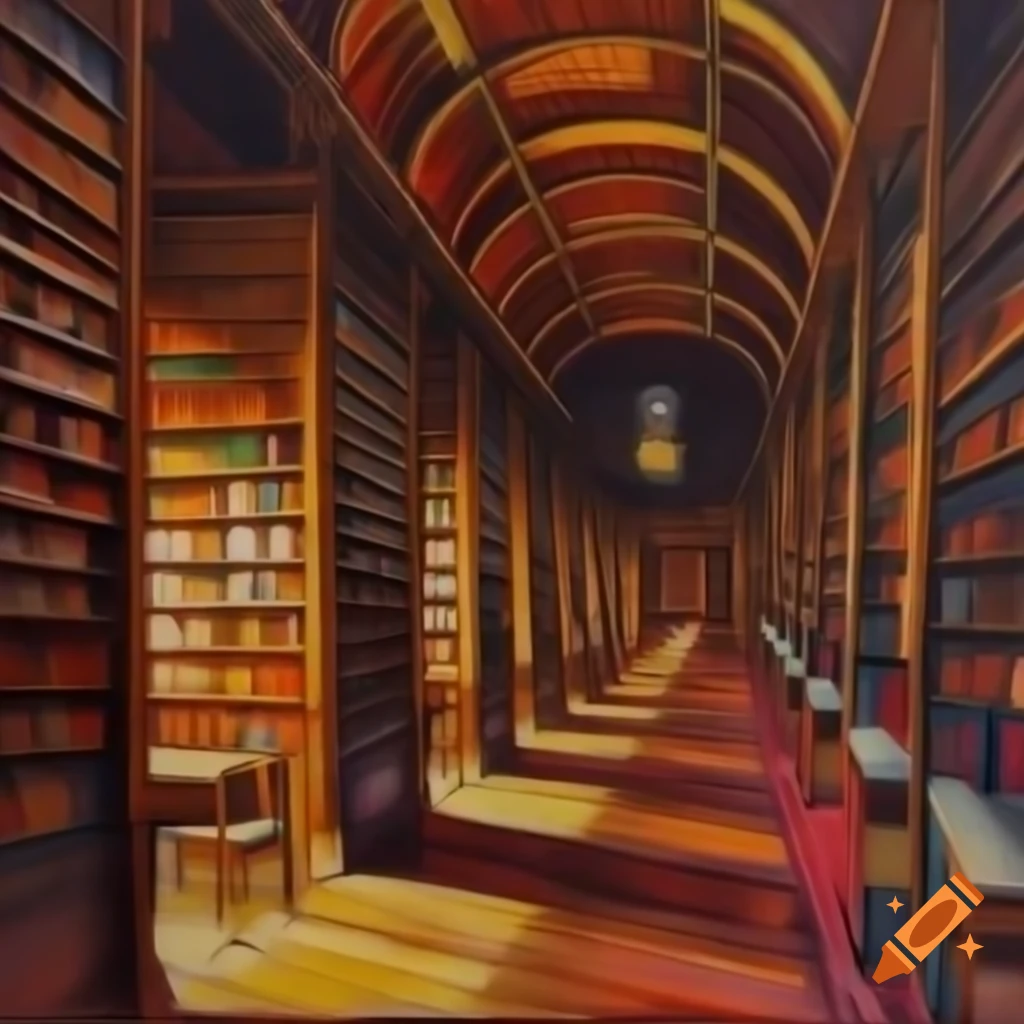 Impressionist painting of elegant library bookshelves