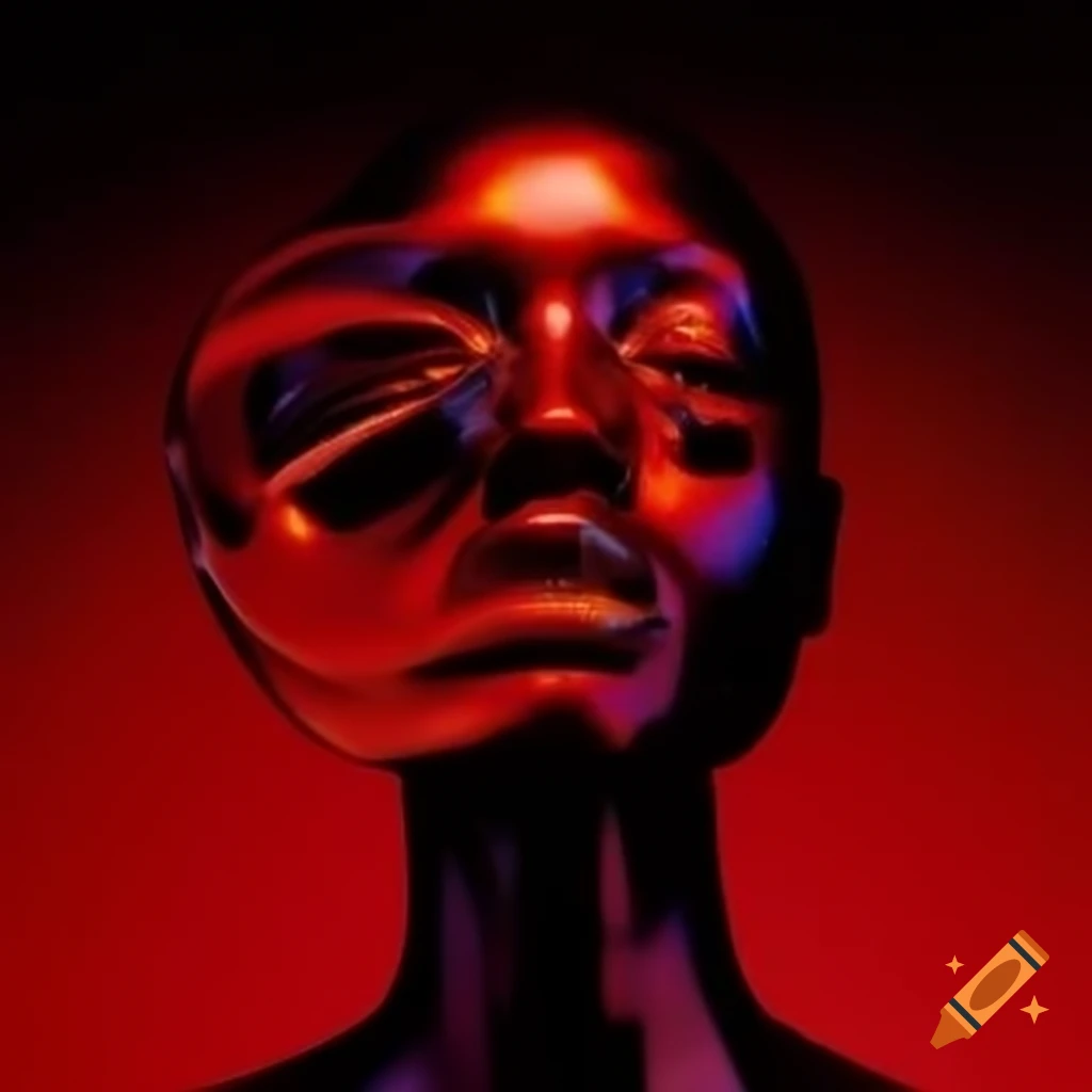 Iridescent red glass statue in pop surreal 2000's photography style