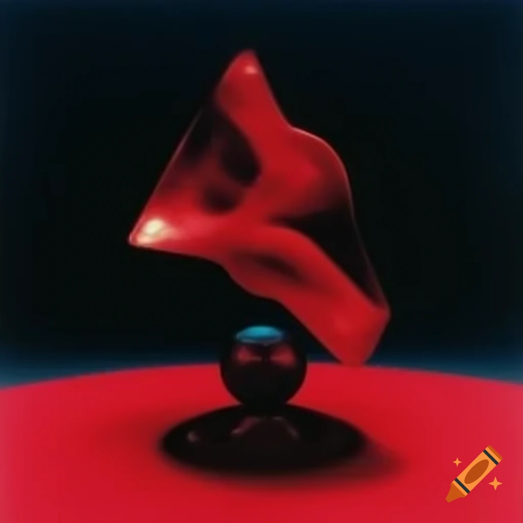 Iridescent red glass statue in pop surreal 2000's photographic style