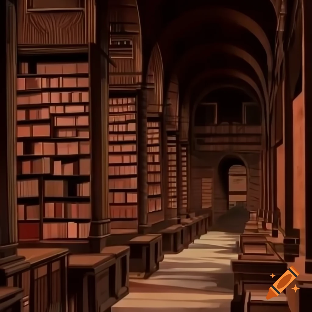 Impressionist painting of elegant bookshelves in a grand library