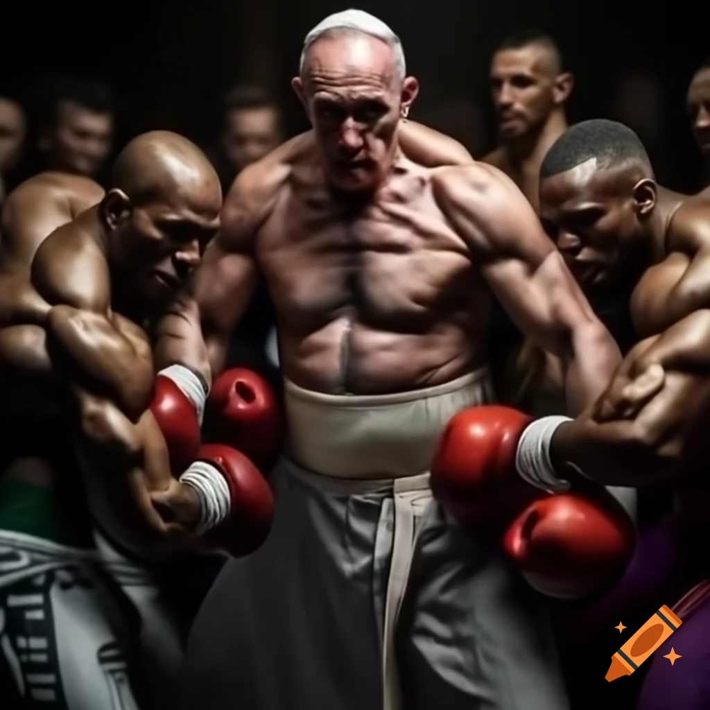 Muscular figure resembling Pope Francis in mixed martial arts action