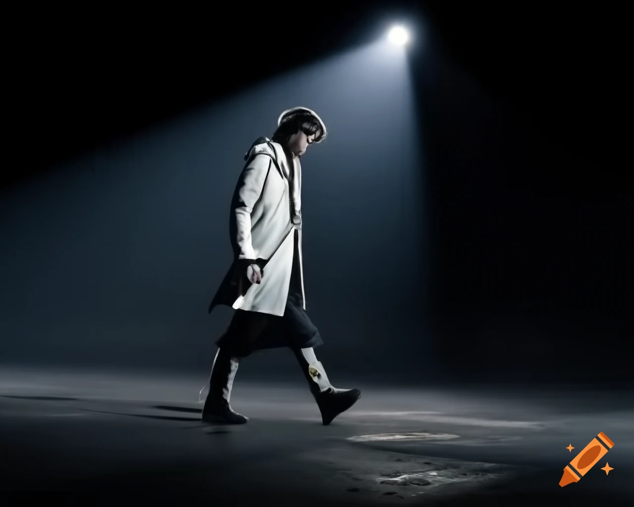 Man in white trench coat walking into darkness under spotlight