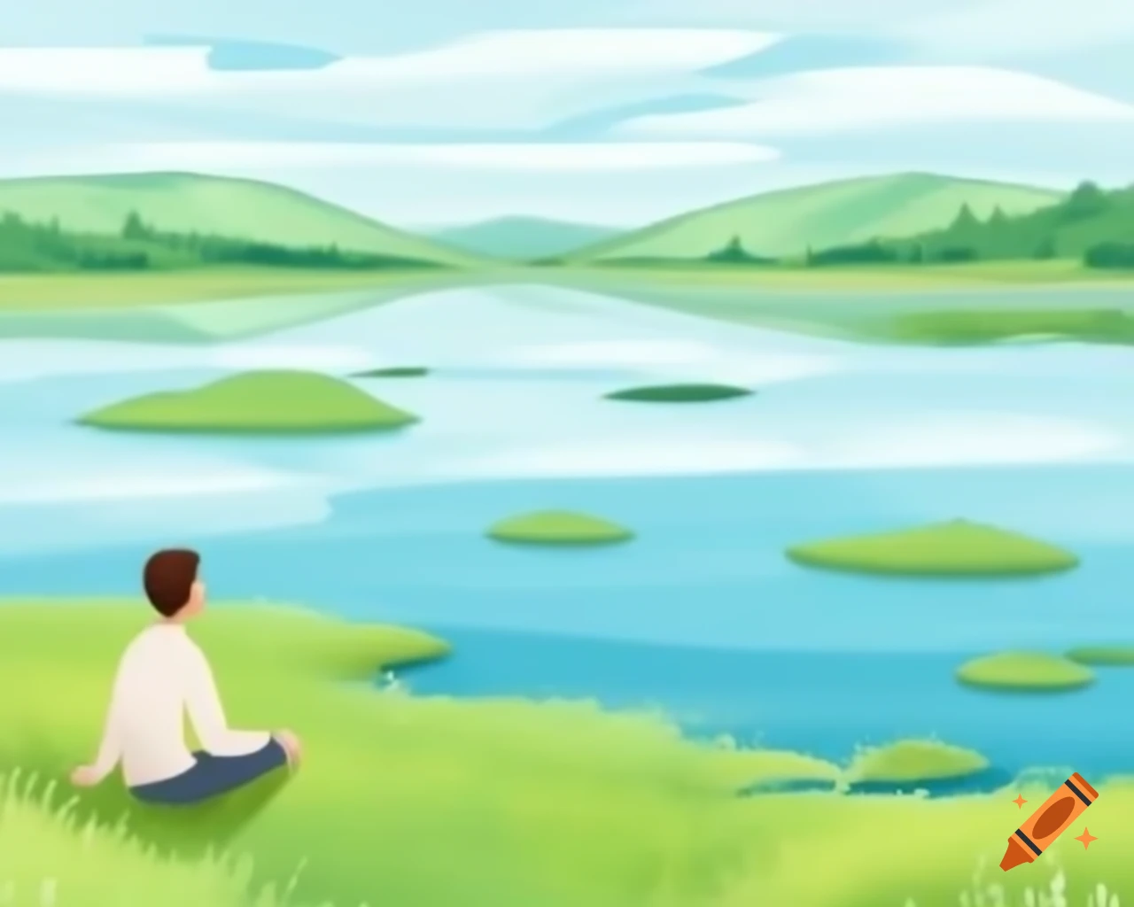 Man sitting on grass by the lake on craiyon