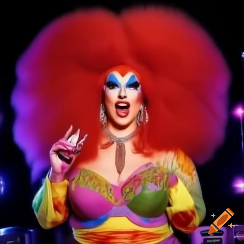 Colorful plus size drag queen in extravagant costume with bright colors and exaggerated features