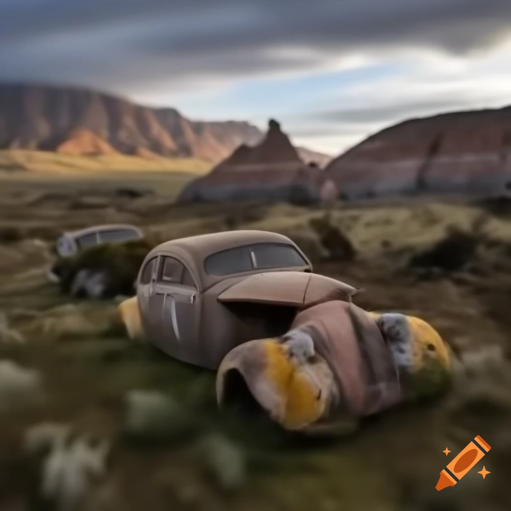 Abandoned car graveyards in remote wilderness badlands