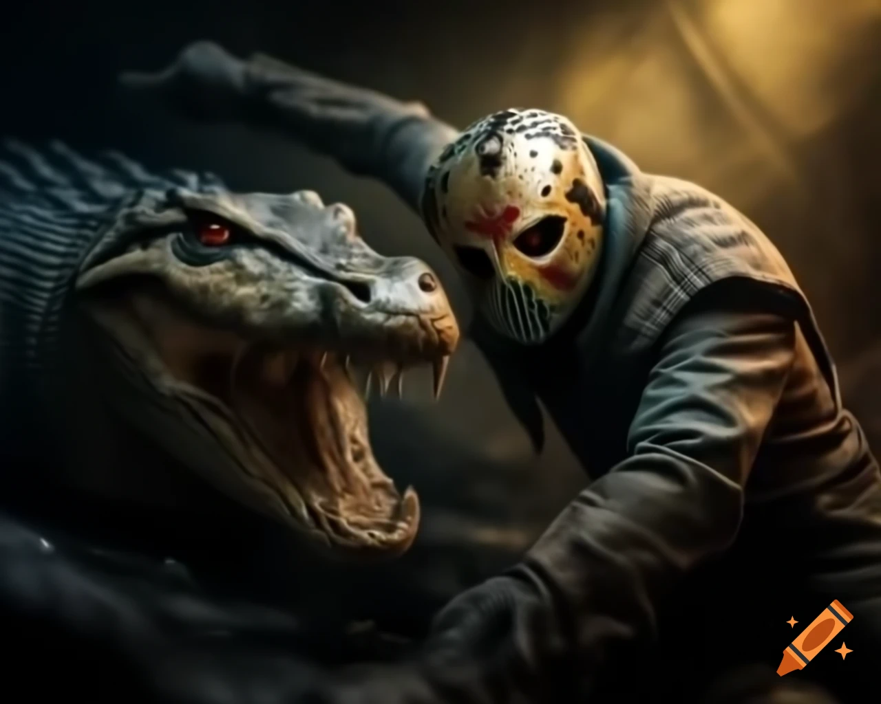 Jason Voorhees battling monstrous crocodile in dark, eerie setting