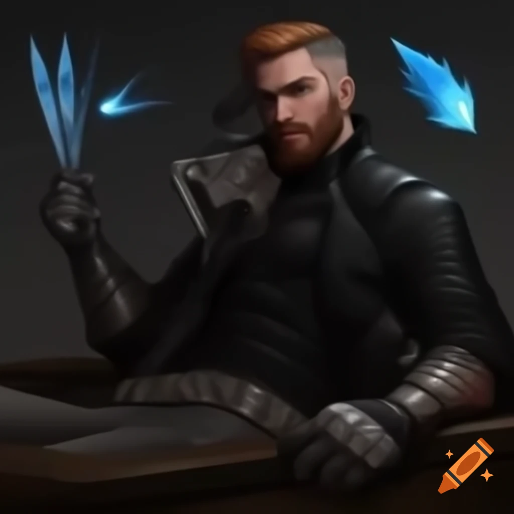 Handsome male rogue in black leather armor with military haircut