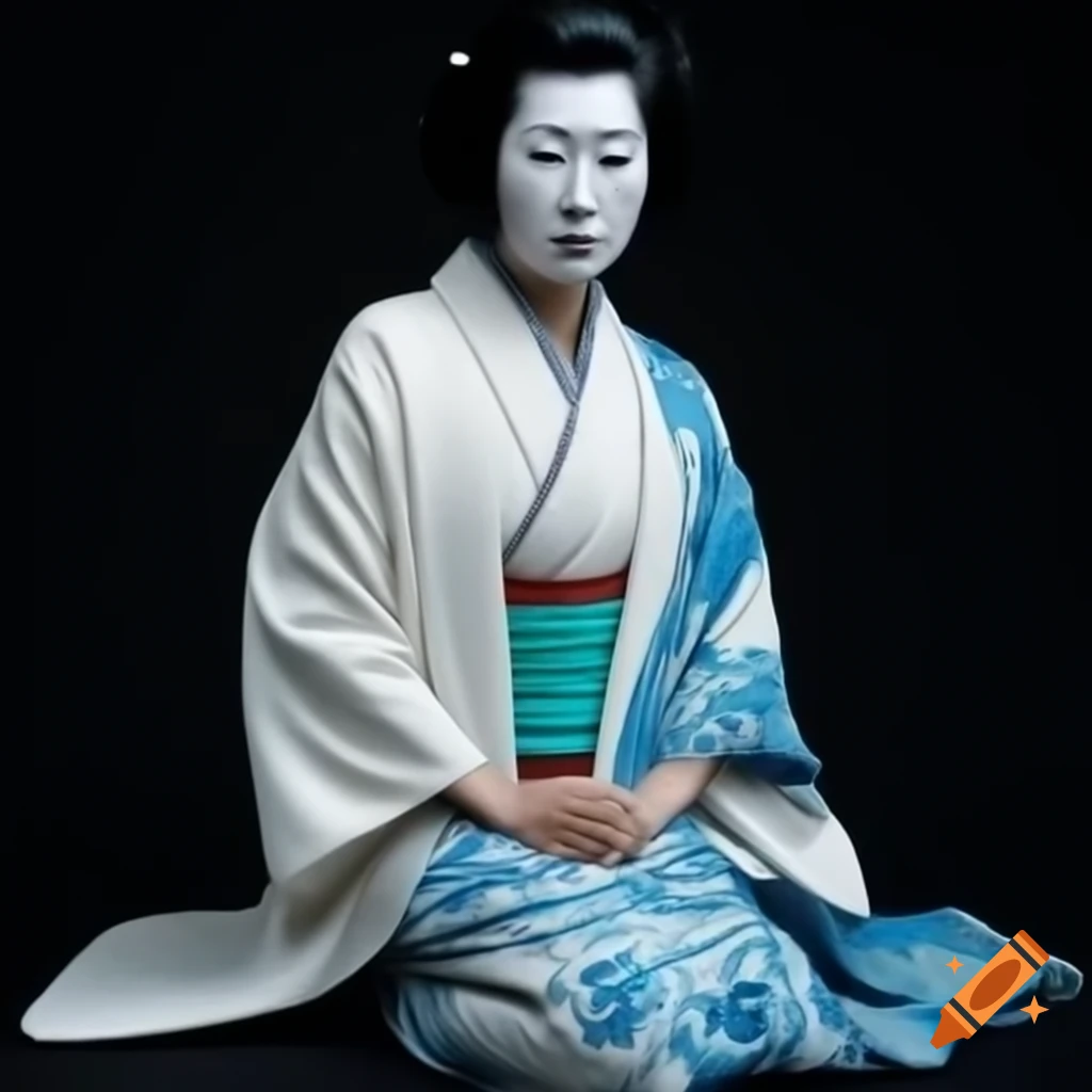 Women samurai in white and cyan kimono kneeling