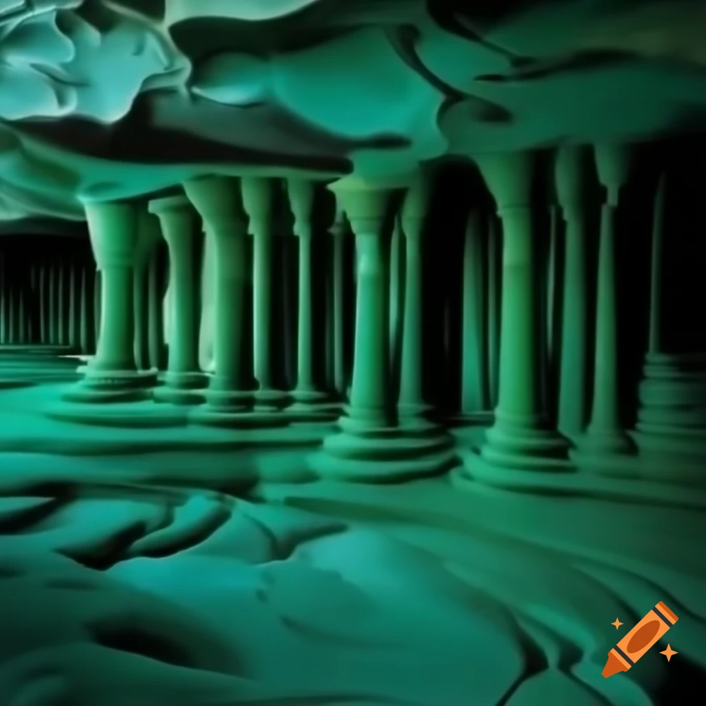 Hoodoos of malachite pillars shaped into ancient alien figures