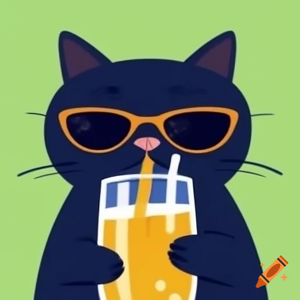 Cartoon black cat wearing sunglasses drinking a beverage on craiyon