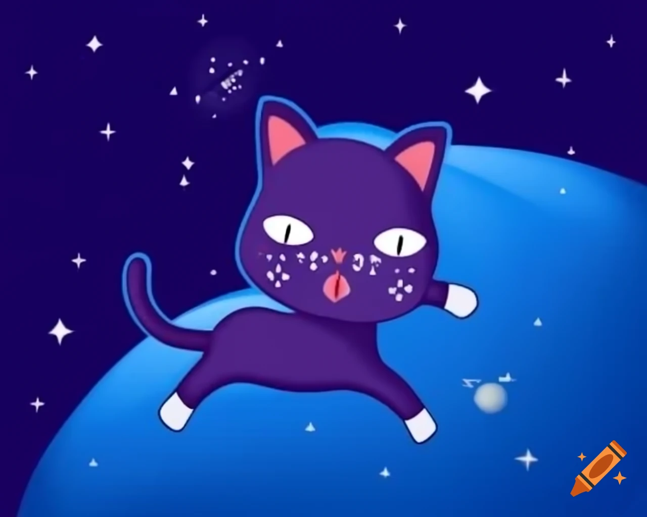 Cat floating in space with stars and planets