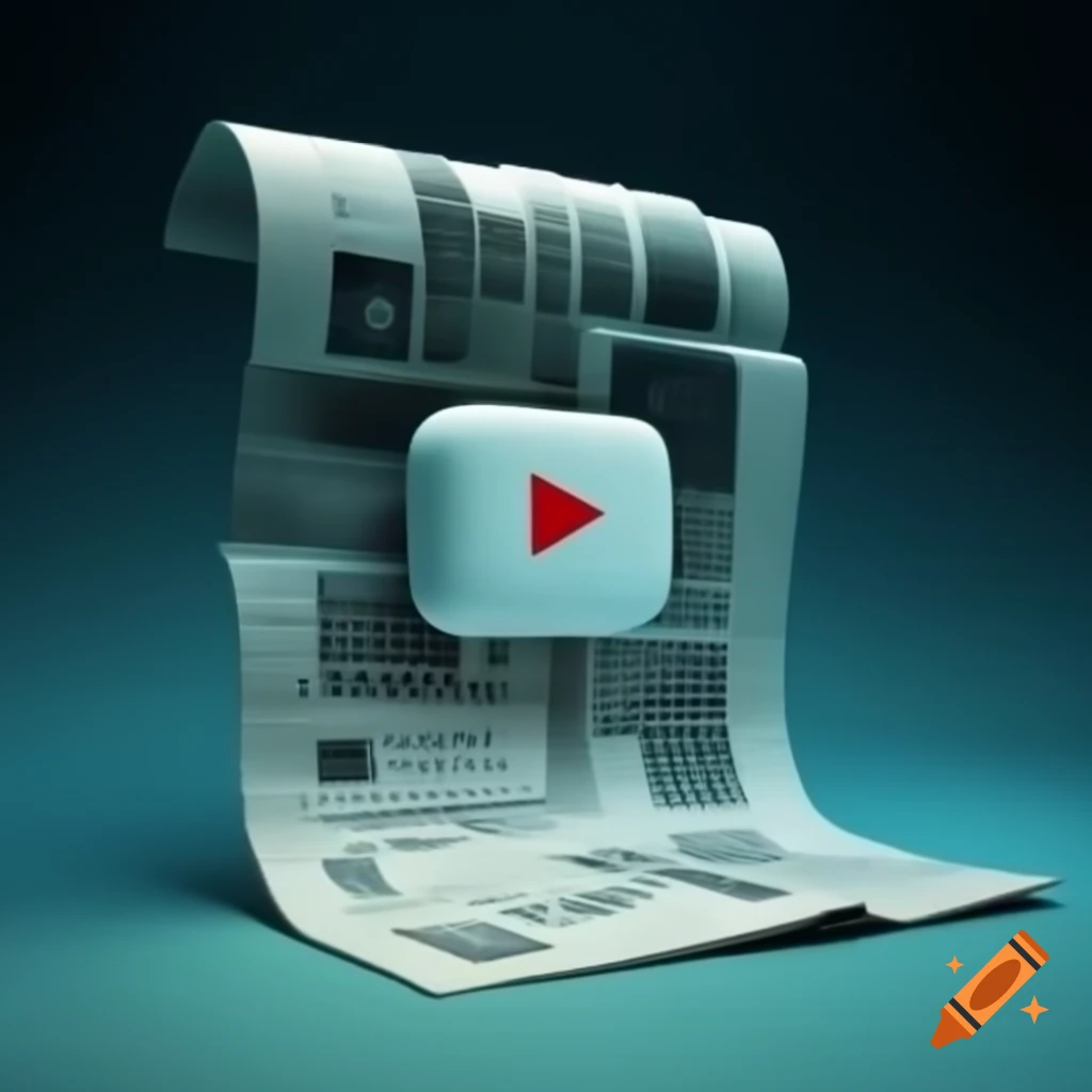 Illustration of YouTube logo and newspaper on a light gradient background