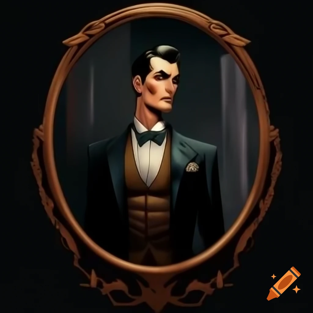 Gentleman in elegant 1950s suit looking in mirror, dark grunge comic style