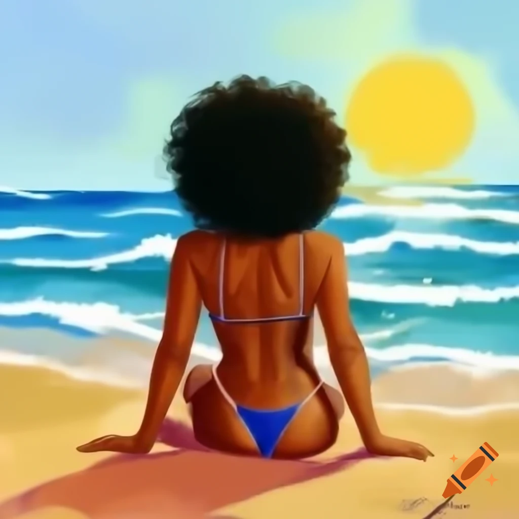 Afro Latina woman on beach with sun shining through her curly hair