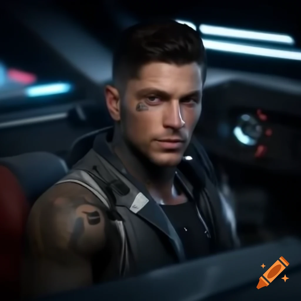 Photorealistic futuristic male with tattoos in cockpit