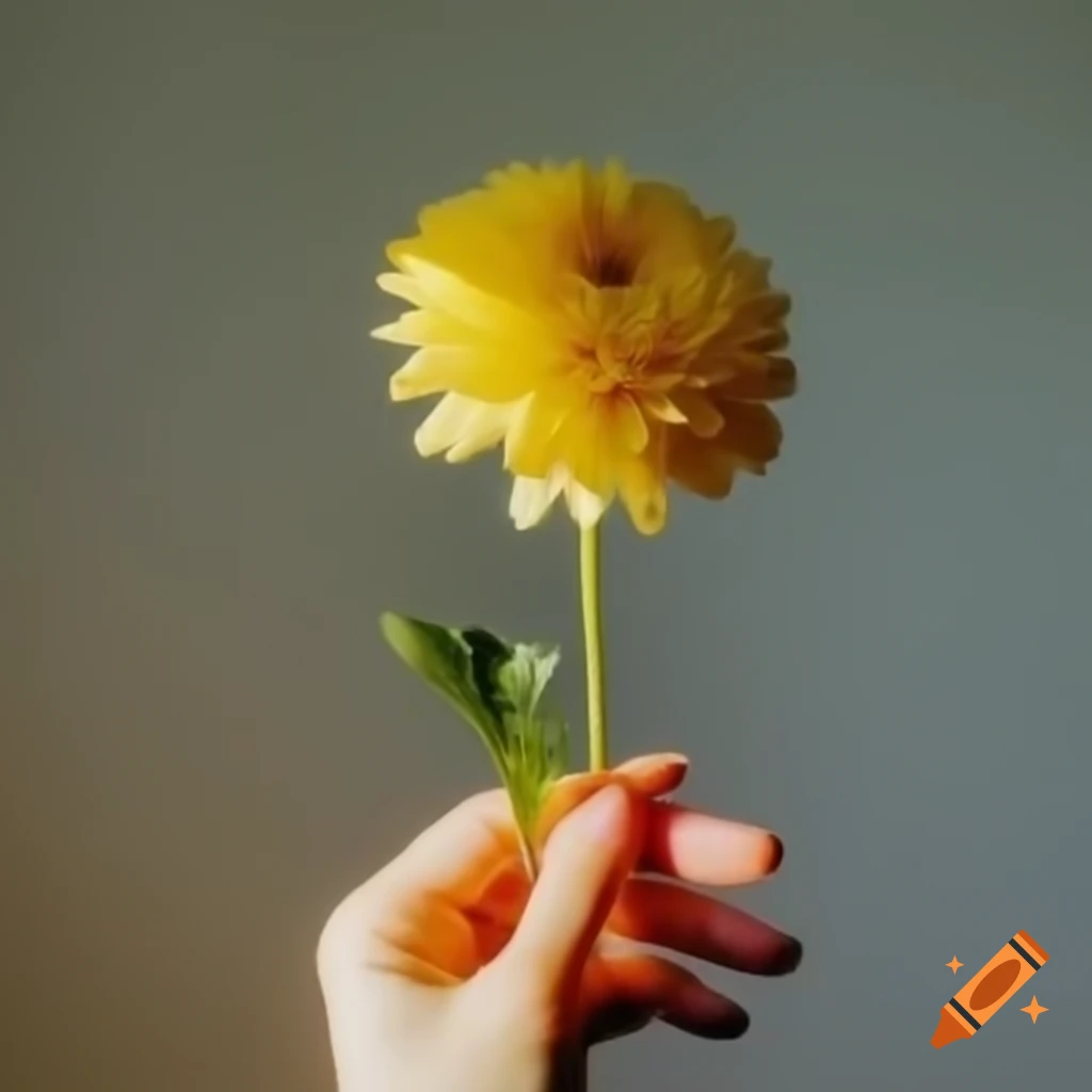 Young woman's hand holding yellow Chrysanthemum plant with minimalist background