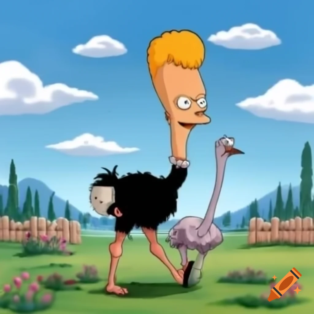 Character riding an ostrich in a playful scene