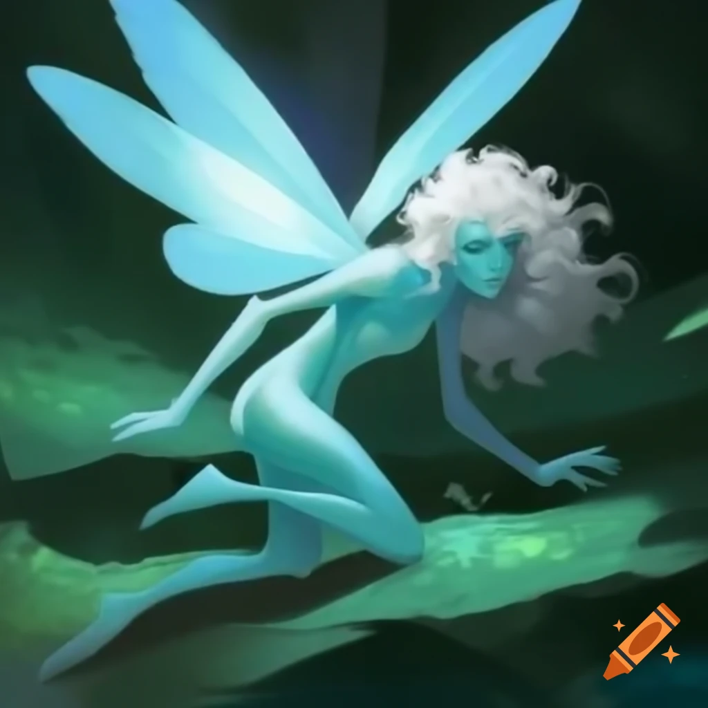 Androgynous figure with dragonfly wings and flowing white hair