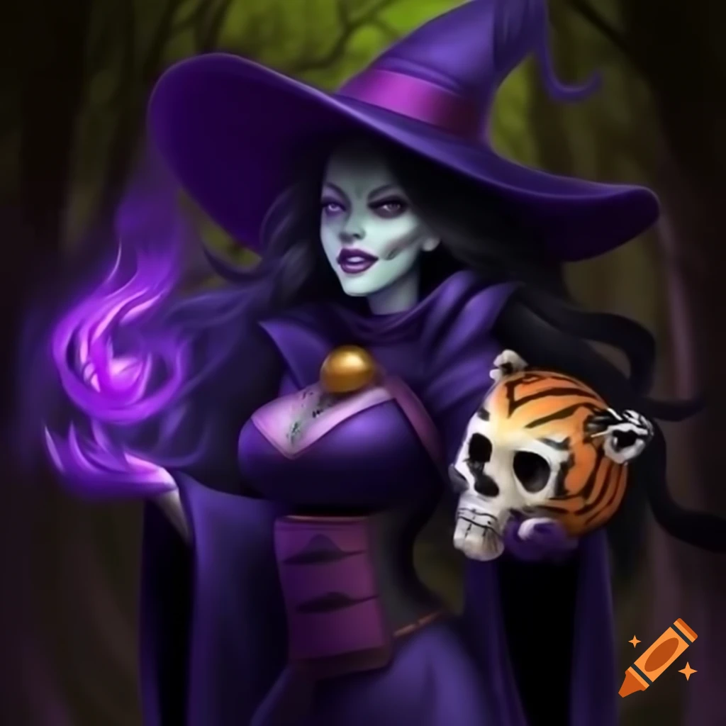 Witch with purple and black hat holding tiger skull in dark forest