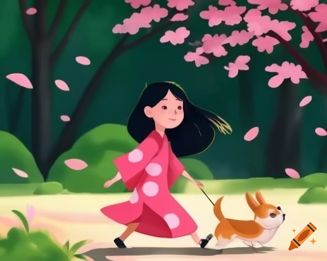 Woman in pink kimono walking corgi in green and pink park with falling leaves