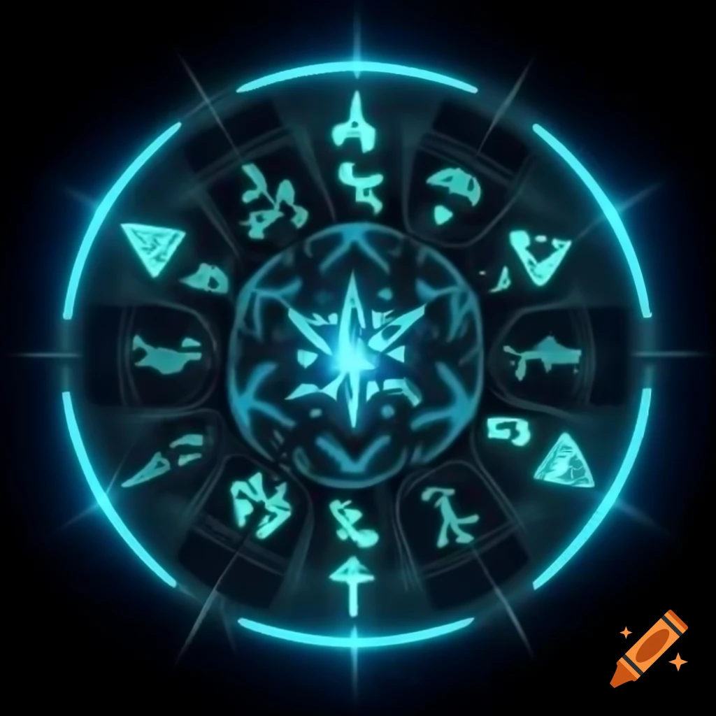 Magical glowing arcane runes with geometric shapes and fractals in circular design