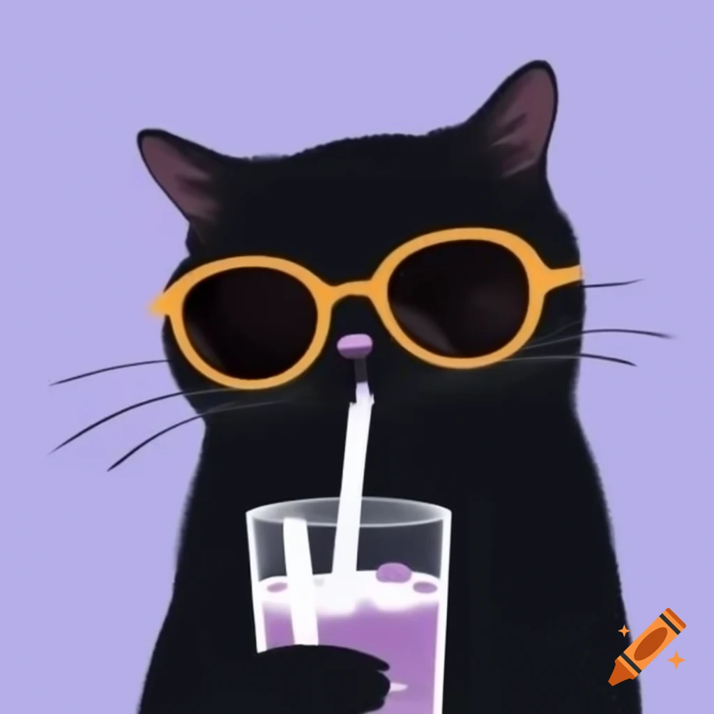 Cartoon black cat wearing sunglasses drinking a beverage