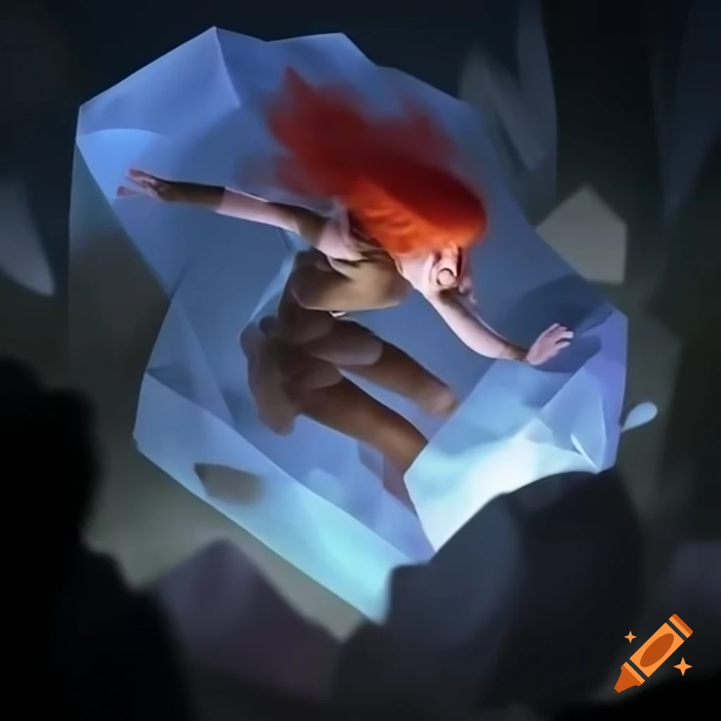 Red-haired warrior woman enclosed in a large crystal