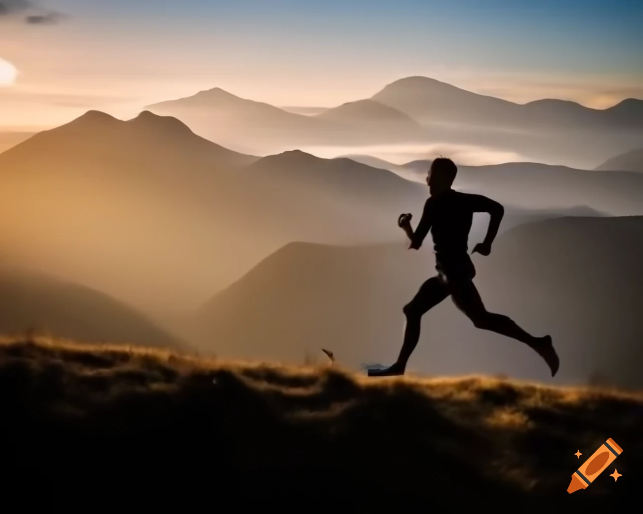 Passionate runner gazing at sunrise while conquering mountains