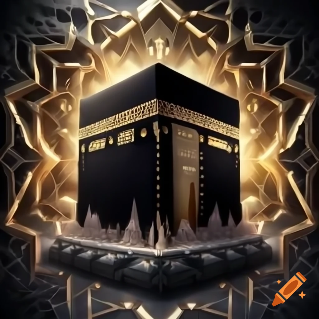 Detailed image of the Kaaba with Islamic geometric patterns and calligraphy