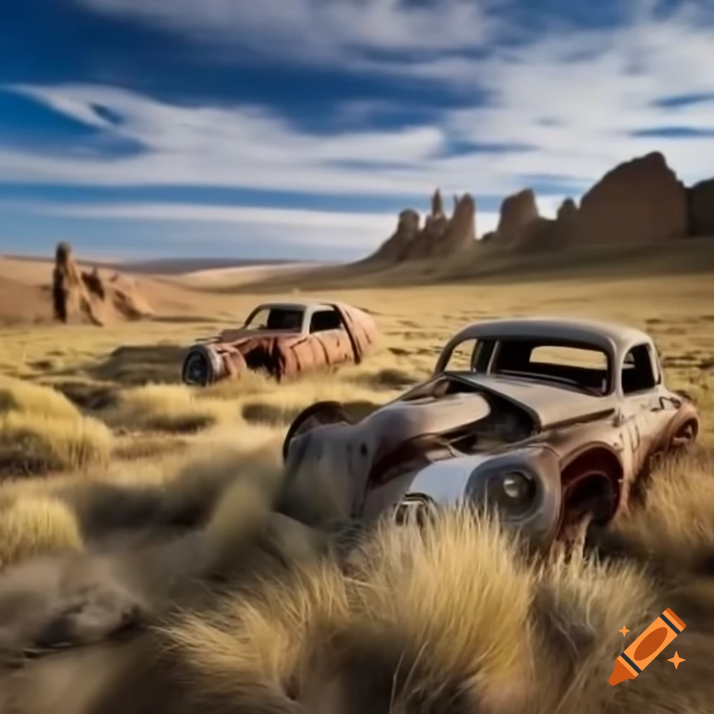 Abandoned car graveyards in remote wilderness badlands