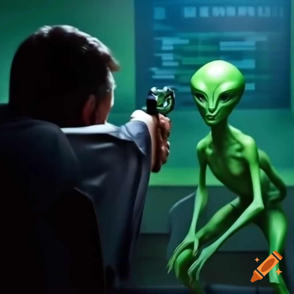 Man shooting at green alien, action scene