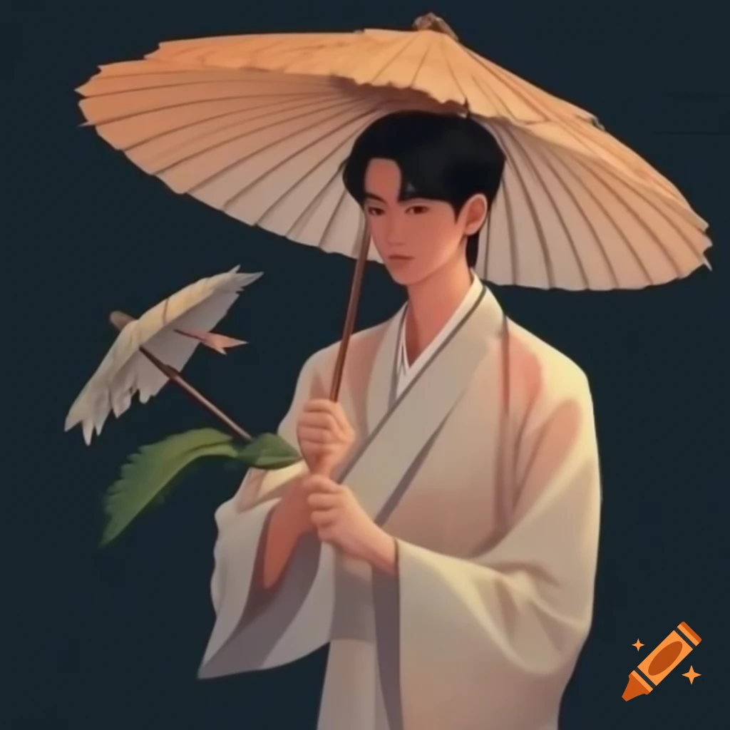 Hua Cheng holding a flower and umbrella, artistic depiction