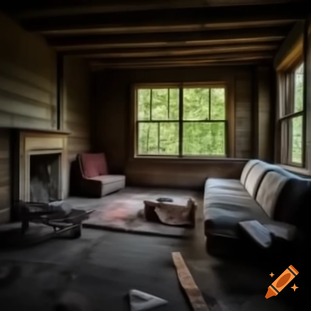 Photorealistic interior of abandoned cabin with couch, bed, and fireplace