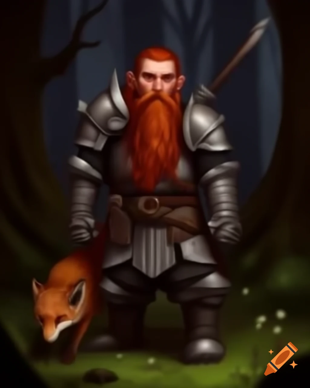 Male dwarf paladin with red hair in dark forest with fox