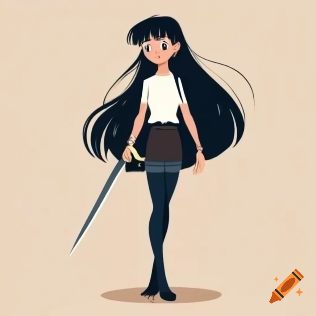 Young Woman With Long Black Hair Holding Sword In 1980s Retro Anime young-woman-with-long-black-hair-holding-sword-in-1980s-retro-anime