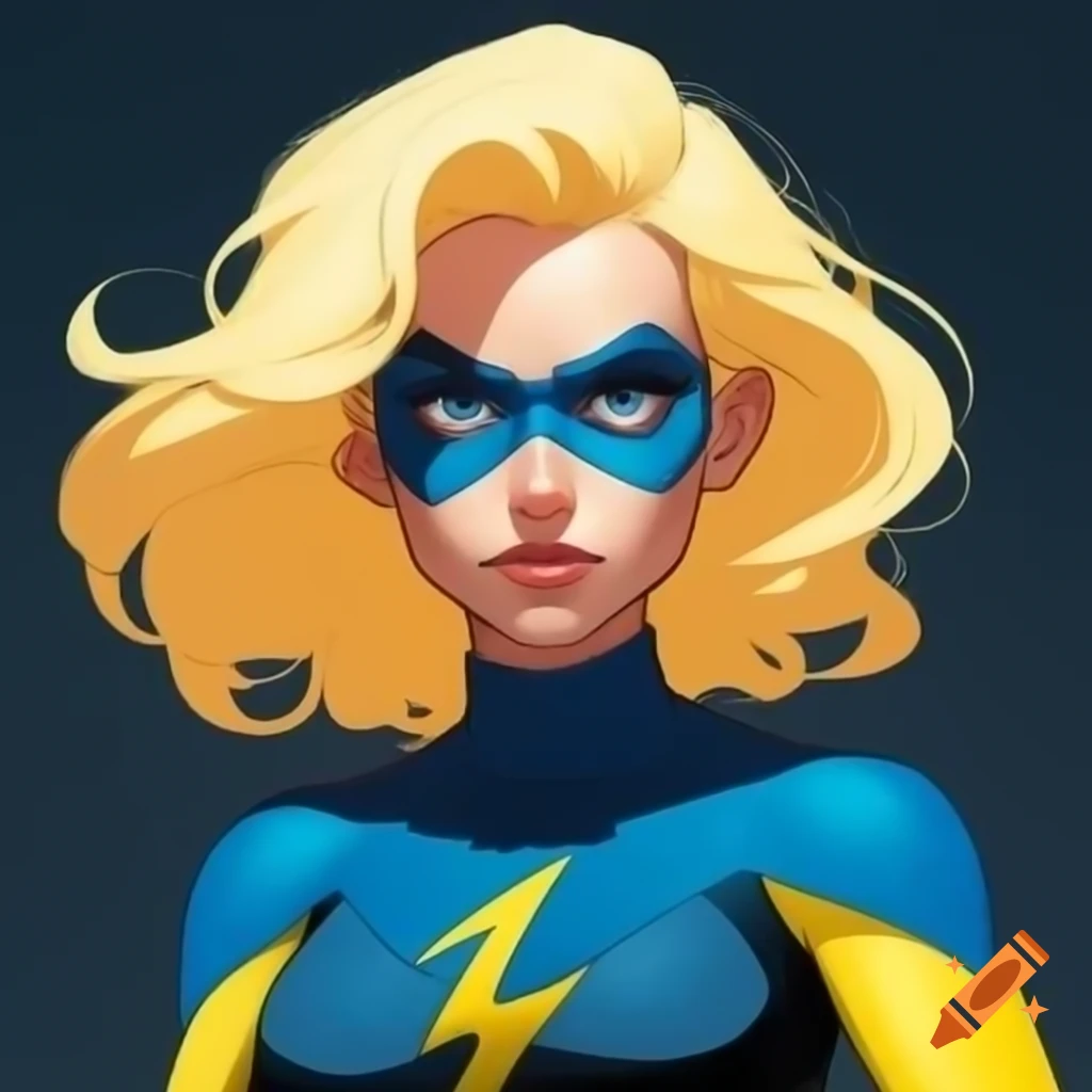 Cartoon image of speedy blonde female superhero Swindle in blue and yellow costume
