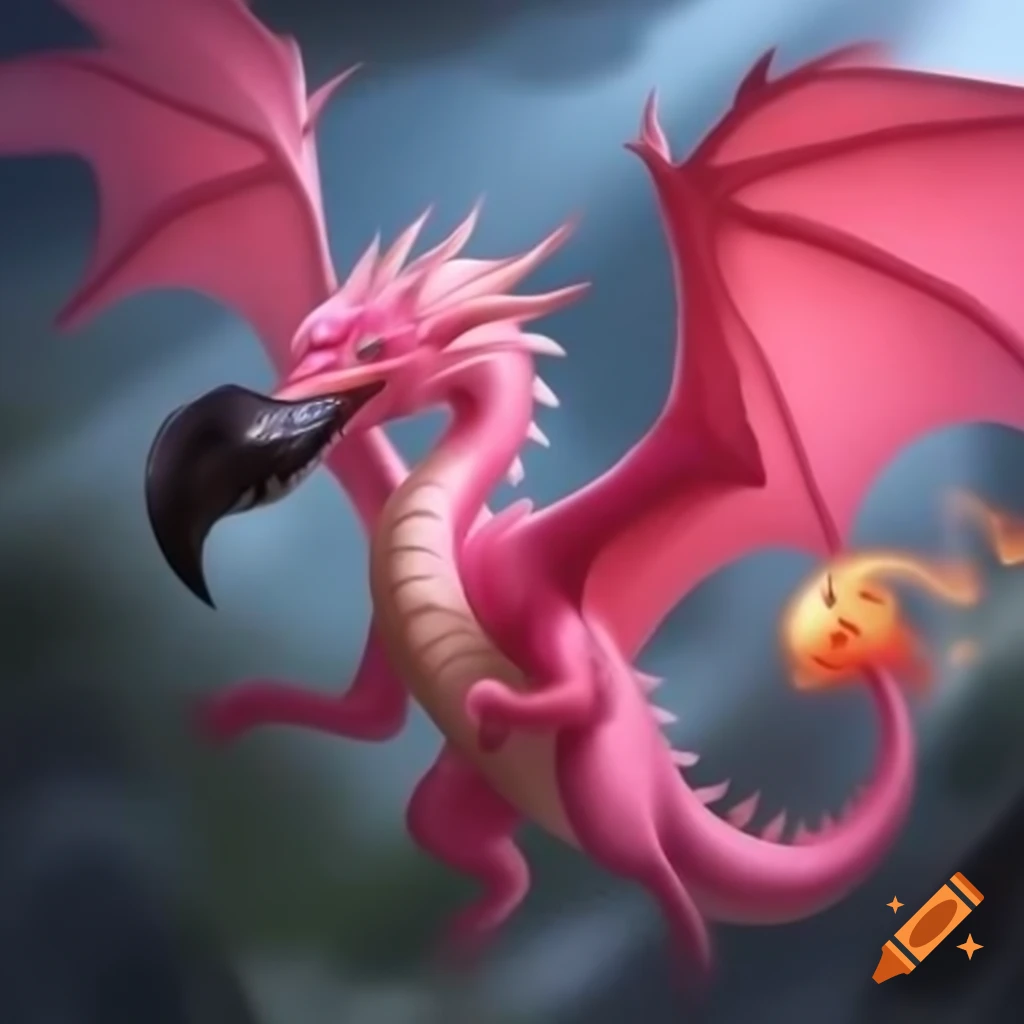 Majestic pink dragon with black flamingo beak flying and breathing flames