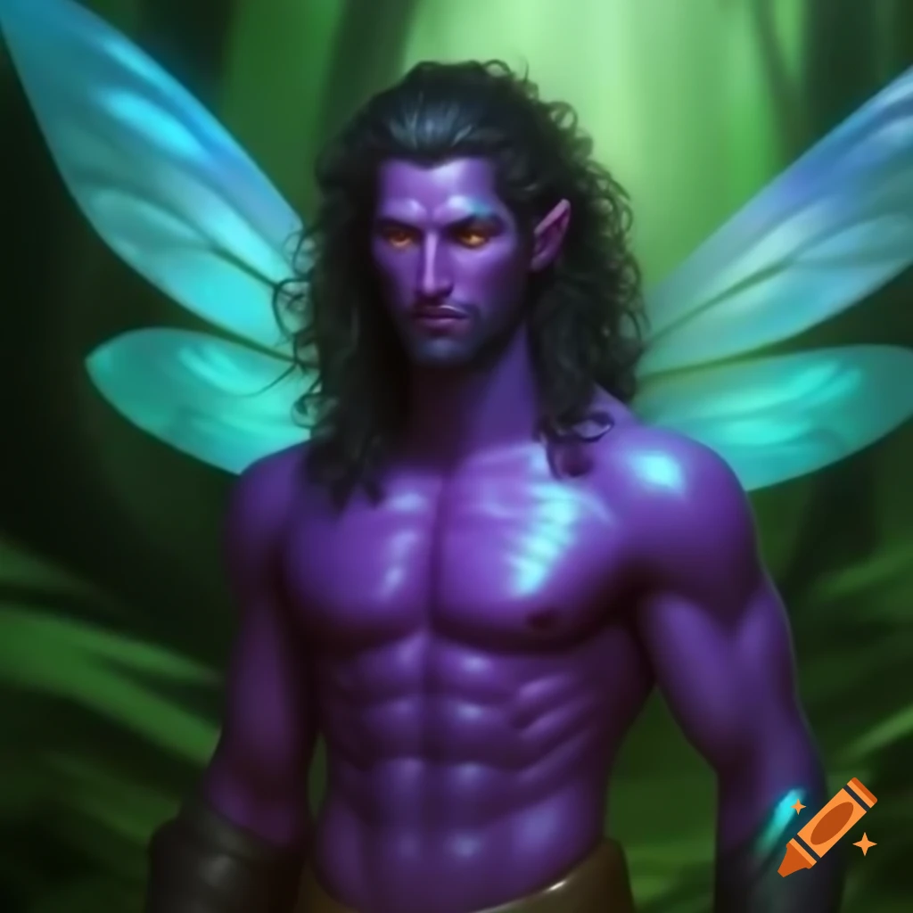 Male sylph character with alabaster skin, long curly white hair, and iridescent dragonfly wings