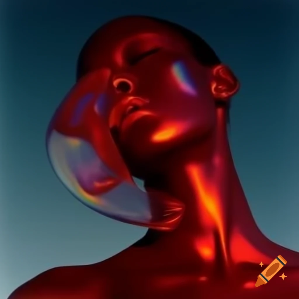 Iridescent red glass statue in pop surreal 2000's photography