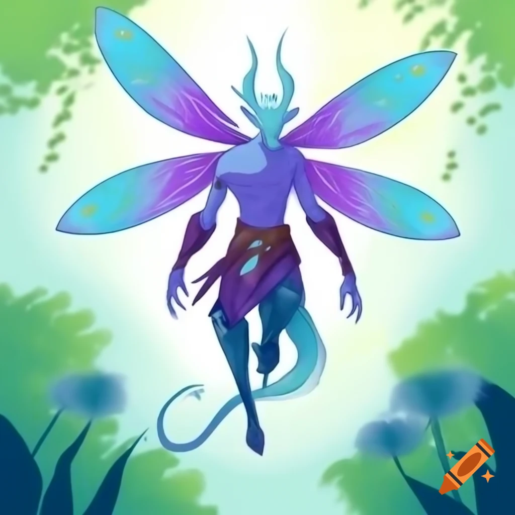 Sylph character with elven features, cerulean hair, and dragonfly wings