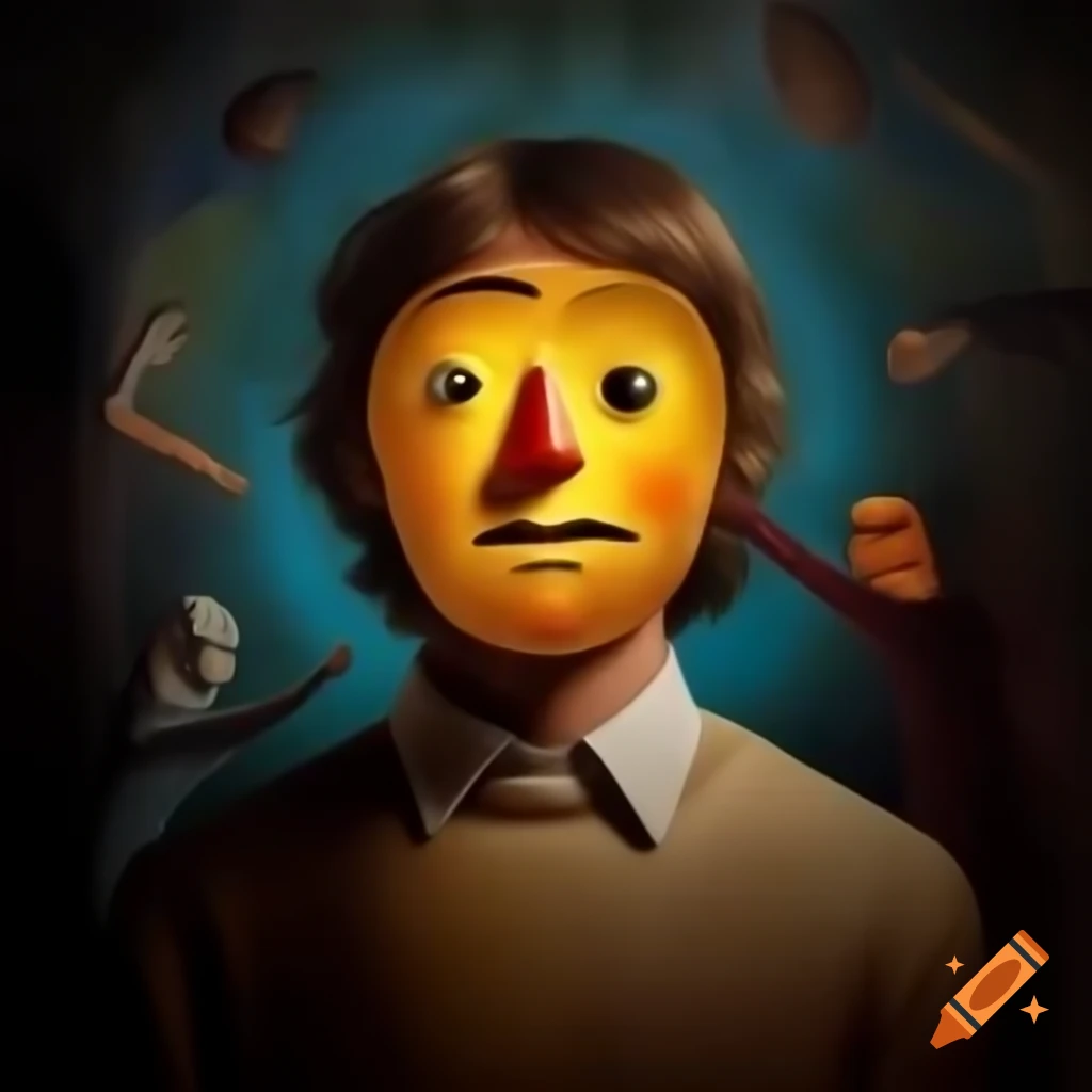 Actor with glowing skin and Emoji-head looking into camera, inspired by various artists