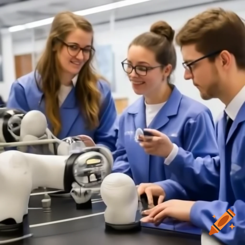 Technological classroom with 27 happy students and 5 robots