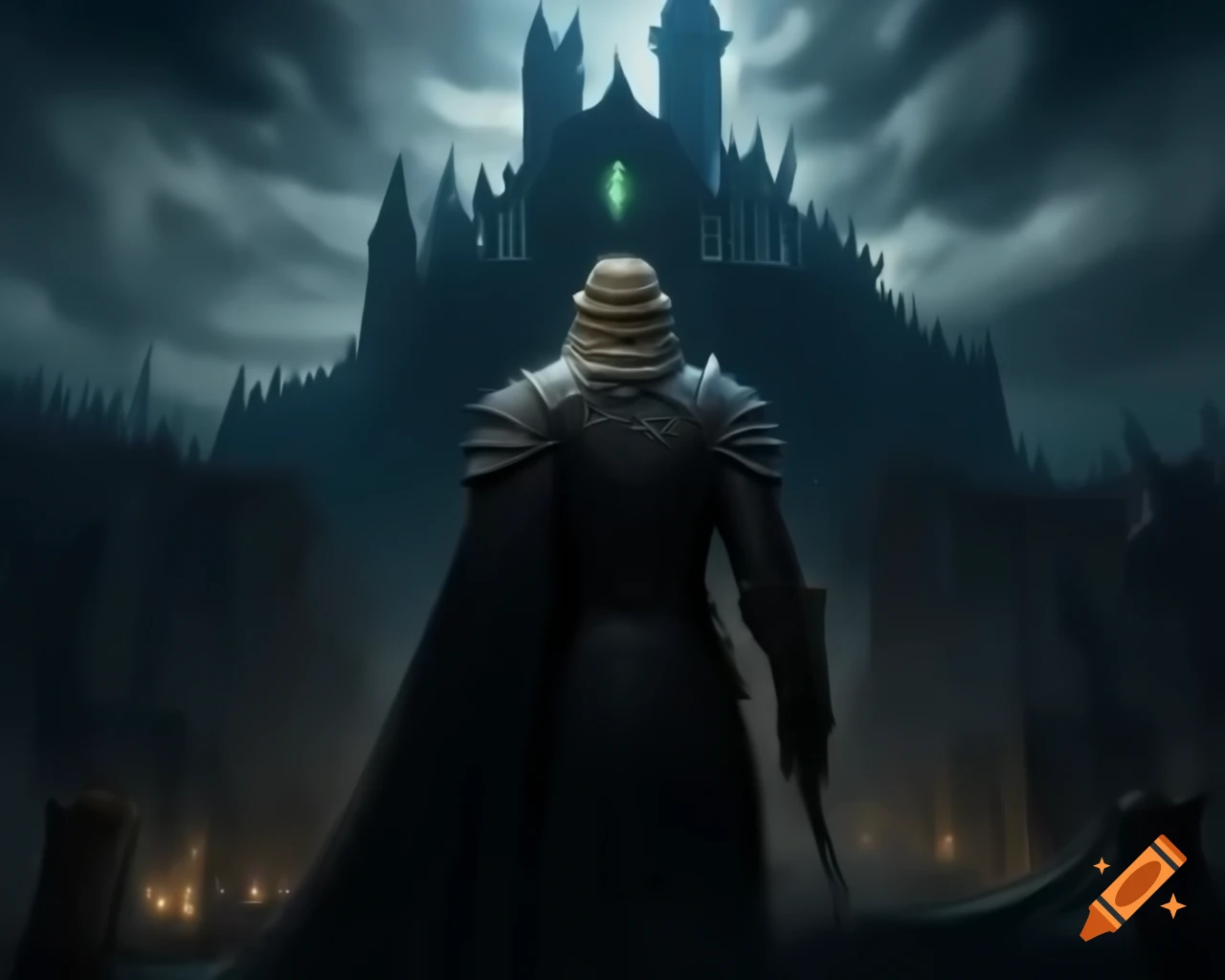 Fantasy king in black armor facing ominous castle