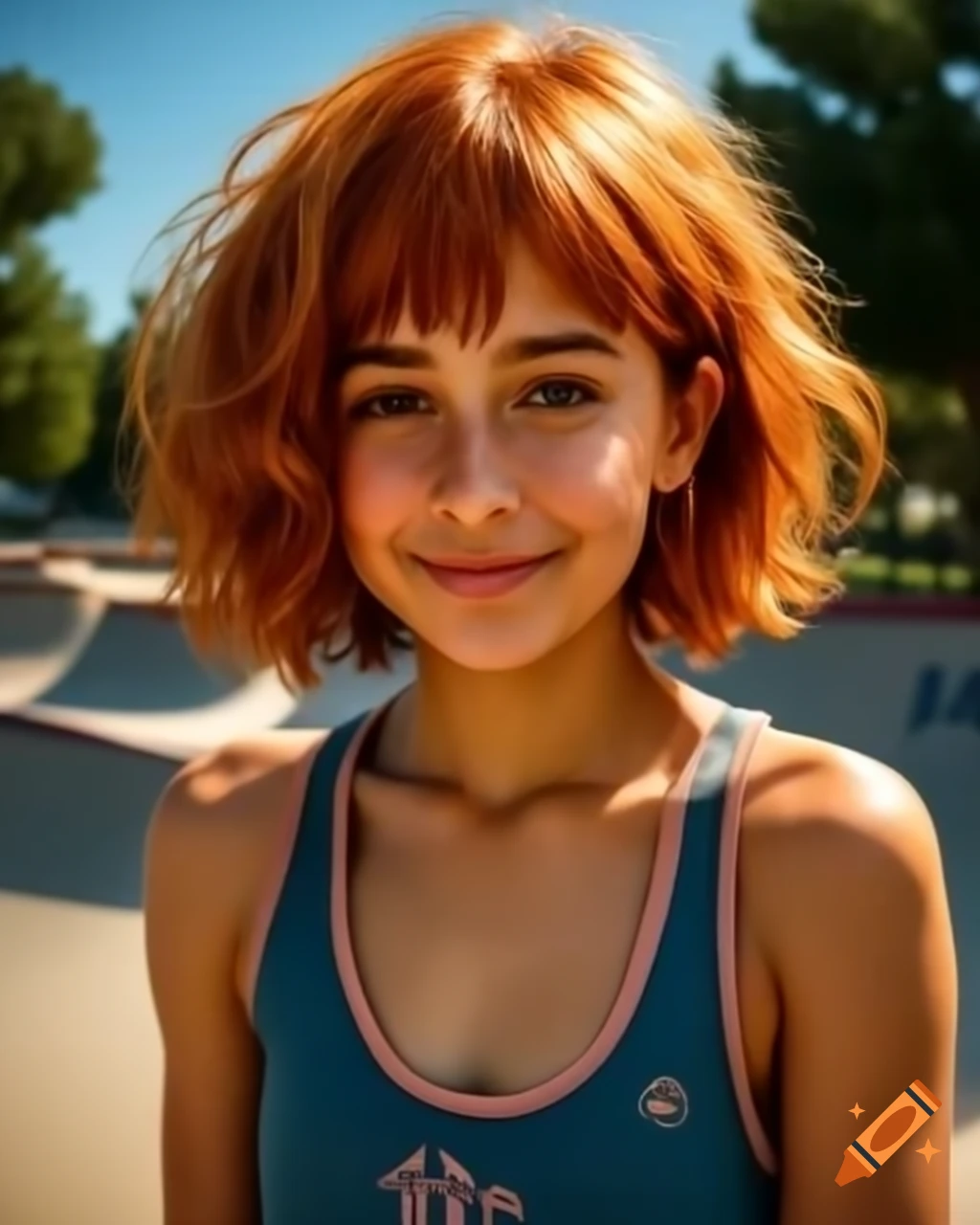 Yandere Turkish female skater with ginger hair in skate park, pixel art style