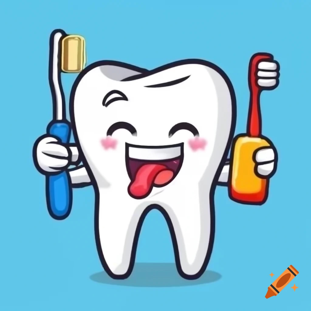 Cartoon tooth with toothbrush and toothpaste
